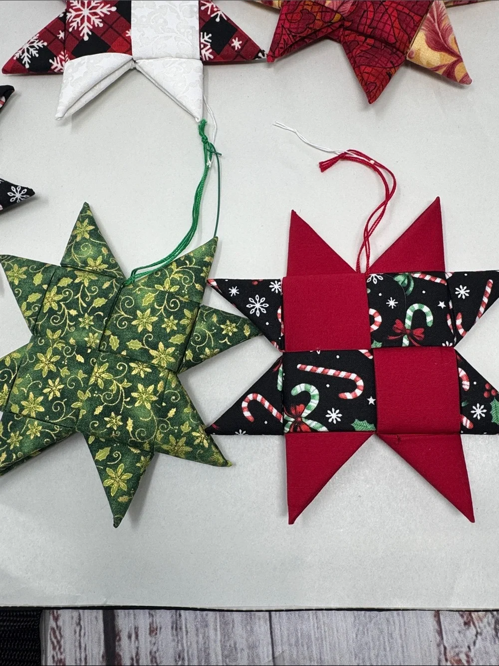 HANDMADE FOLDED FABRIC FOLDED STARS CHRISTMAS ORNAMENTS QUILT LOT OF 11 BOHO